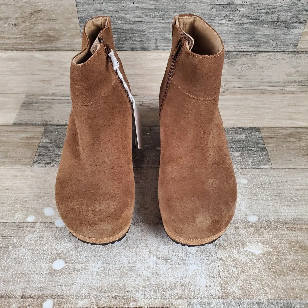Papilio Birkenstock Ebba Womens Booties Sz 5 Dark Tea Suede Side Zip Wedge Heels